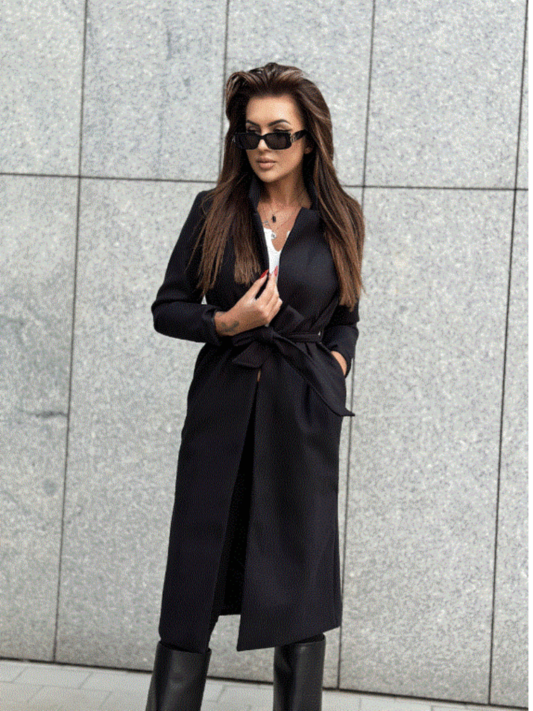 Czarny klasyczny długi płaszcz wiązany Och Bella