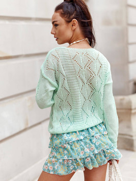 Zielony ażurowy sweter dekolt w serek Yups