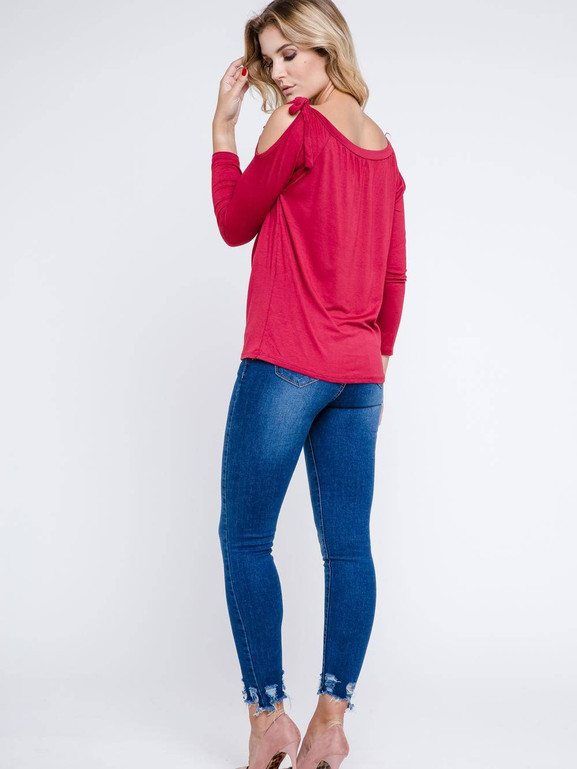 Bluzka cold shoulders z kokardkami na ramionach bordowa