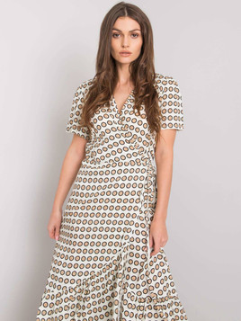 Beżowa sukienka maxi groszki kopertowy dekolt Yups