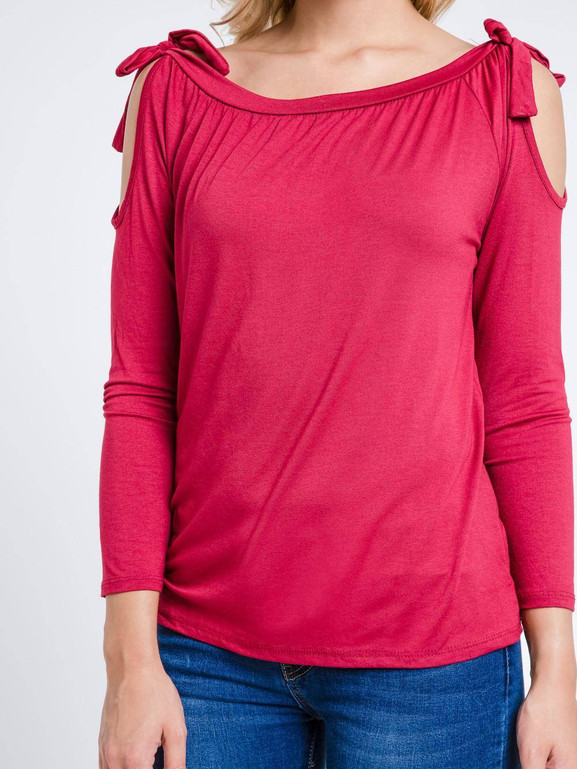Bluzka cold shoulders z kokardkami na ramionach bordowa
