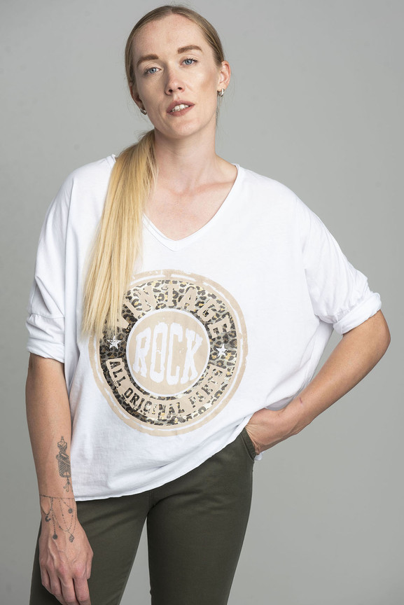 Biała bluzka oversize z błyszczącym nadrukiem