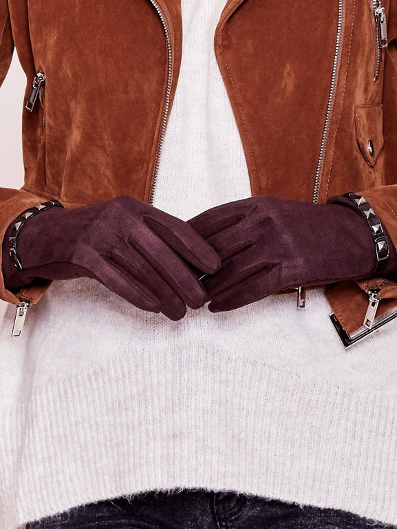 Rękawiczki dotykowe z ozdobnym paskiem brązowe