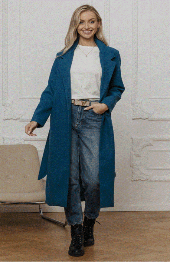 Morski klasyczny długi płaszcz wiązany Och Bella