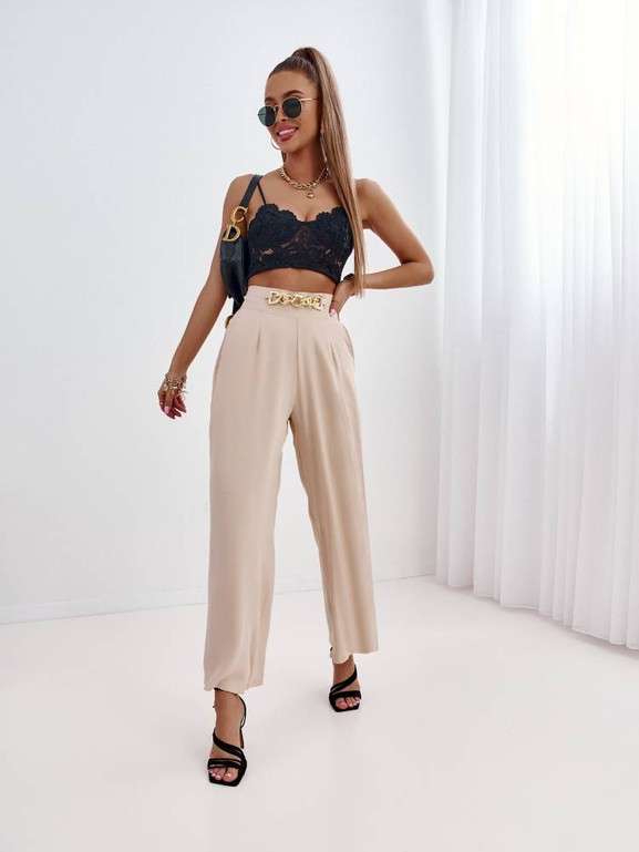 Beżowe spodnie rozszerzane zdobione Cocomore