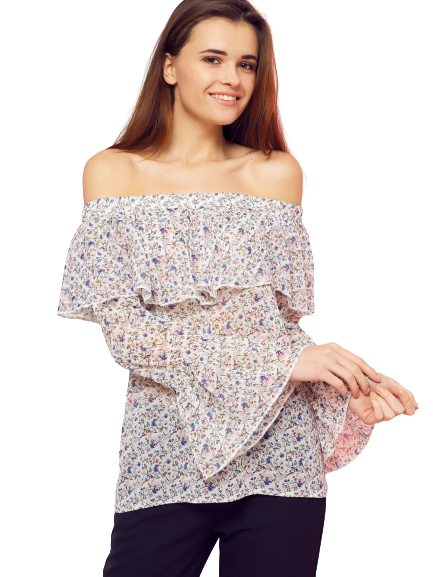 Bluzka w kwiaty z dekoltem carmen Cocomore Boutiqe biała