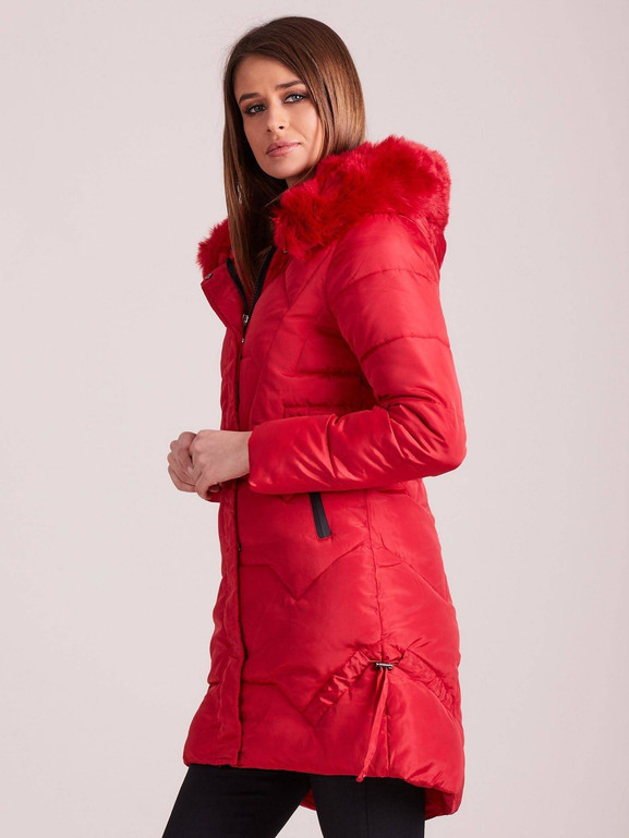 Kurtka pikowana długa z kapturem czerwona