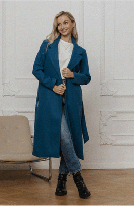 Morski klasyczny długi płaszcz wiązany Och Bella