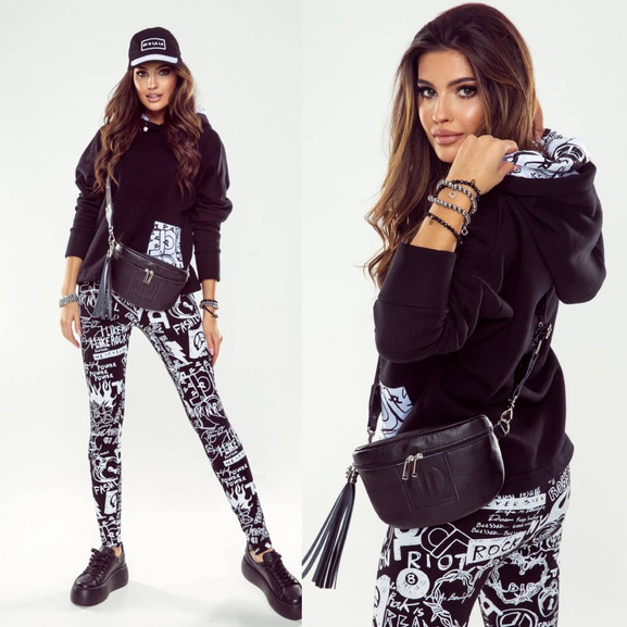 Czarne legginsy z nadrukiem By o la la