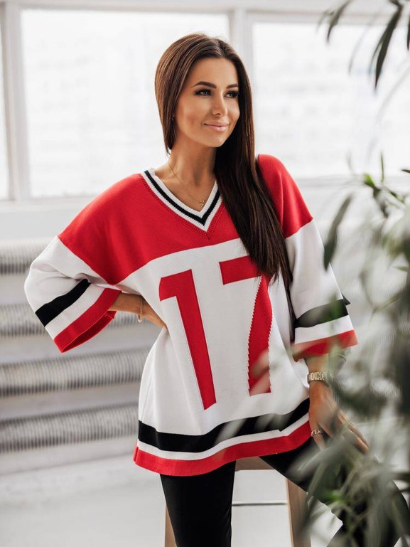Czerwono-biały sweter z dekoltem w serek oversize Cocomore