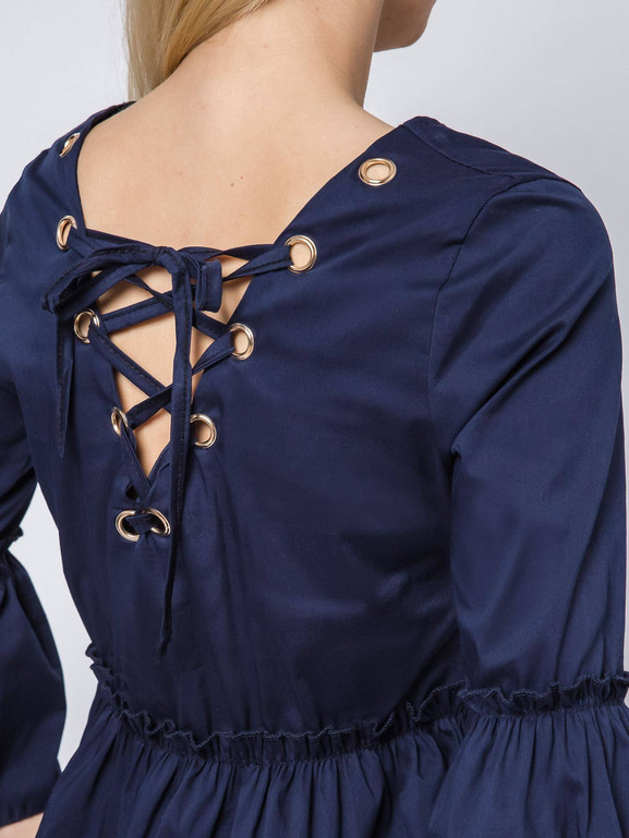 Bluzka z falbanką i sznurowanym dekoltem granatowa