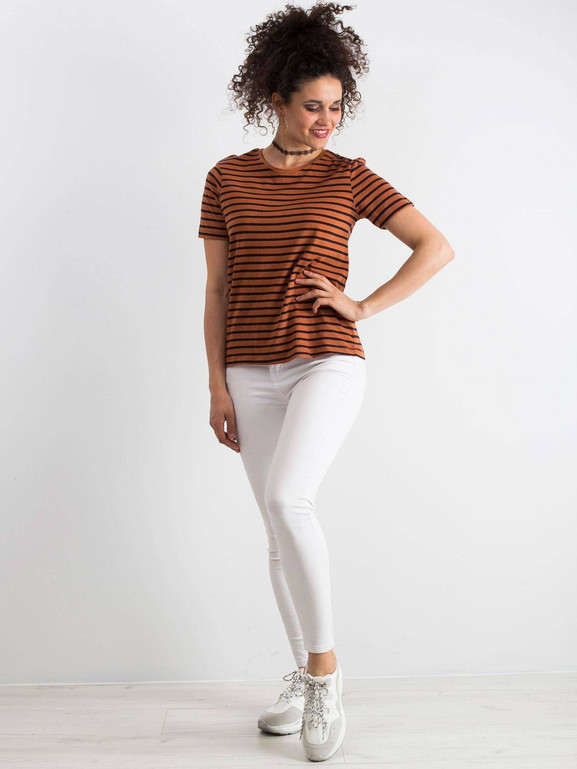 T-shirt z dzianiny w paski brązowy