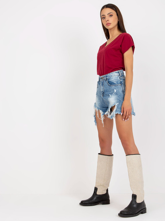 Bordowy bawełniany t-shirt w serek BASIC