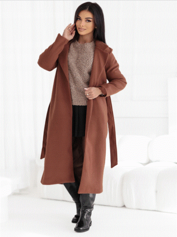 Karmelowy klasyczny długi płaszcz wiązany Och Bella