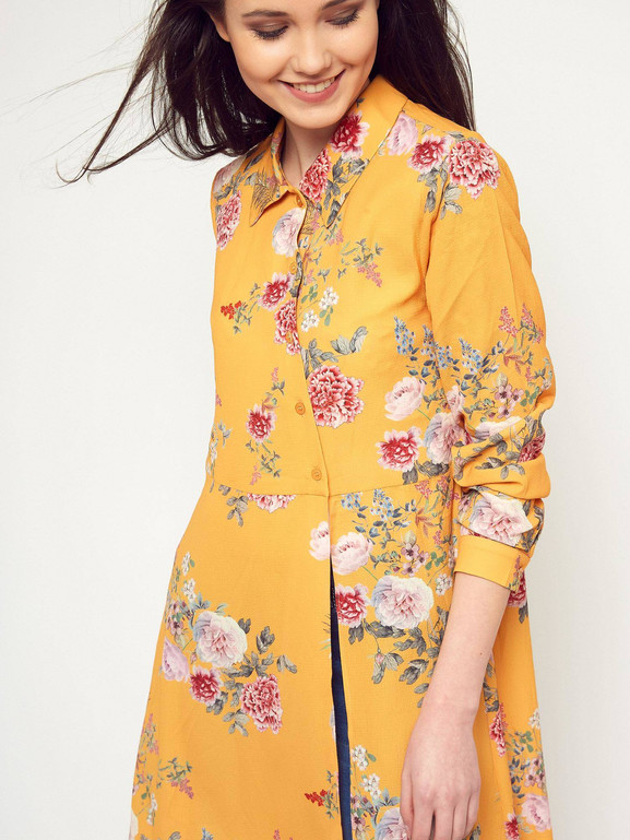 Sukienka kwiatowa ukośnie rozpinana żółta