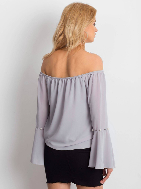 Bluzka tiulowa zdobiona perełkami przy rękawach szara