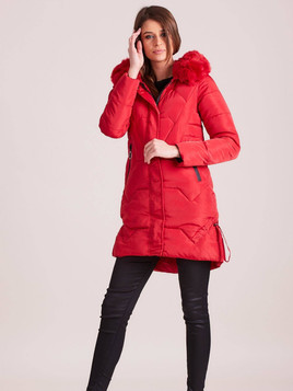Kurtka pikowana długa z kapturem czerwona