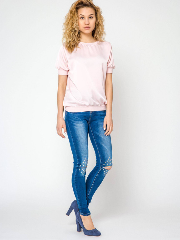 Jeansy zdobione przecięciami i dżetami na kolanach granatowe