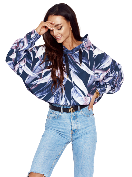 Granatowa bluza oversize z kapturem roślinne printy Cocomore