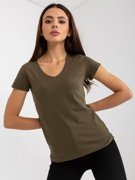 Khaki bawełniany t-shirt z dekoltem w serek 