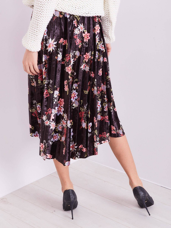 Spódnica welurowa zdobiona nadrukiem w kwiaty czarna