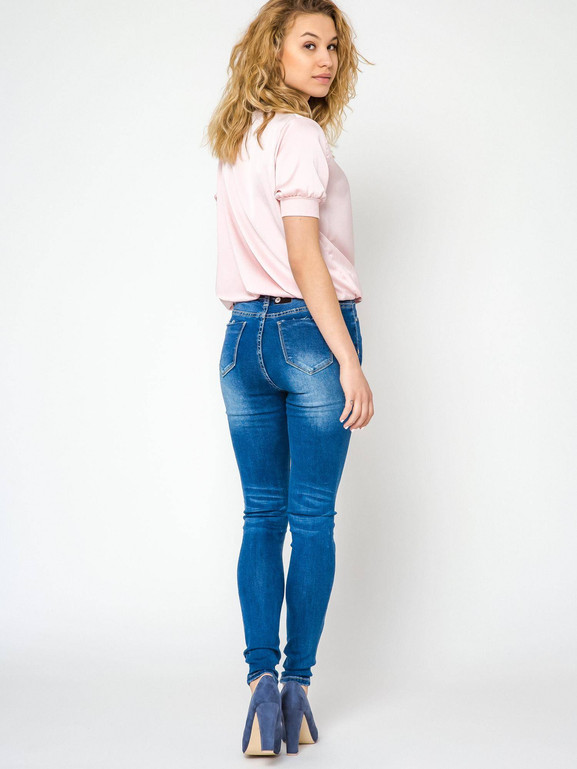 Jeansy zdobione przecięciami i dżetami na kolanach granatowe