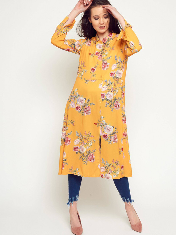 Sukienka kwiatowa ukośnie rozpinana żółta