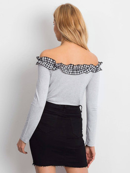 Bluzka z dzianiny z falbanką w kratkę szara