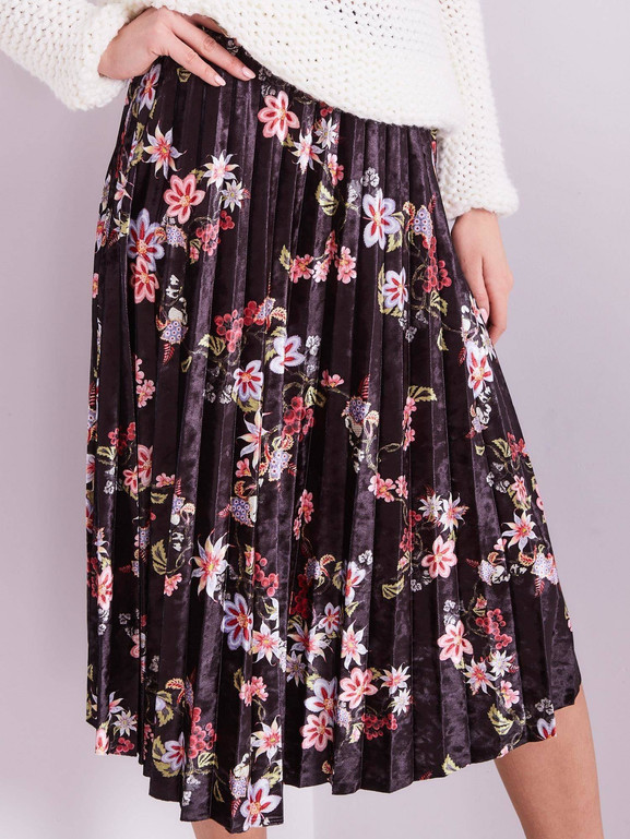 Spódnica welurowa zdobiona nadrukiem w kwiaty czarna