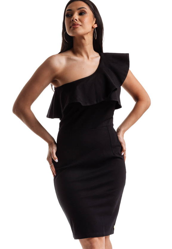 Czarna sukienka z dekoracyjną falbaną przy dekolcie La Diva