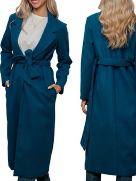 Morski klasyczny długi płaszcz wiązany Och Bella