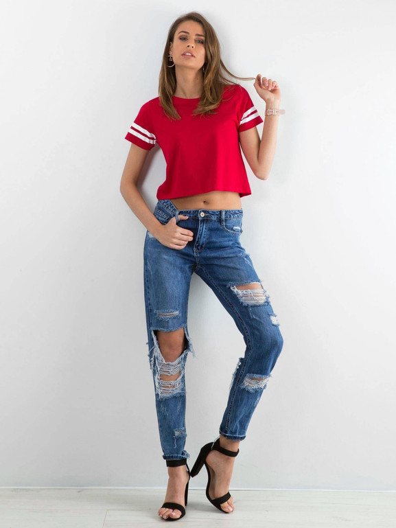 T-shirt cropped zdobiony paseczkami czerwony