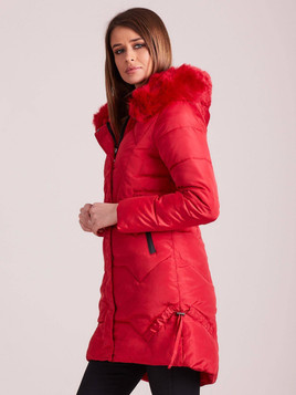 Kurtka pikowana długa z kapturem czerwona