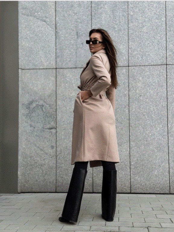 Beżowy klasyczny długi płaszcz wiązany Och Bella