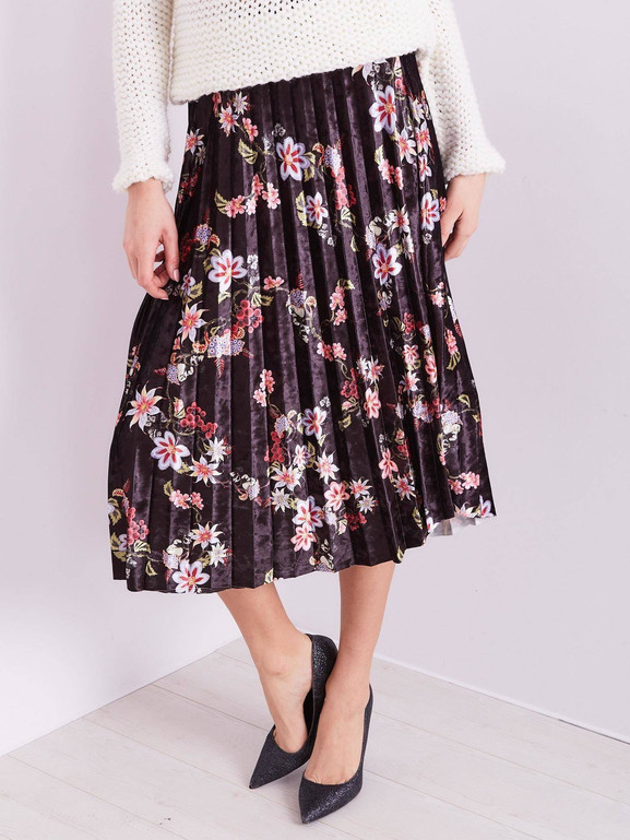 Spódnica welurowa zdobiona nadrukiem w kwiaty czarna