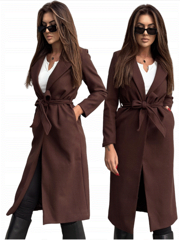 Czekoladowy klasyczny długi płaszcz wiązany Och Bella