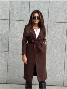 Czekoladowy klasyczny długi płaszcz wiązany Och Bella