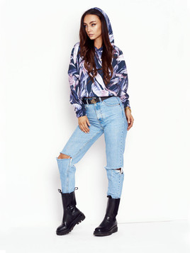 Granatowa bluza oversize z kapturem roślinne printy Cocomore