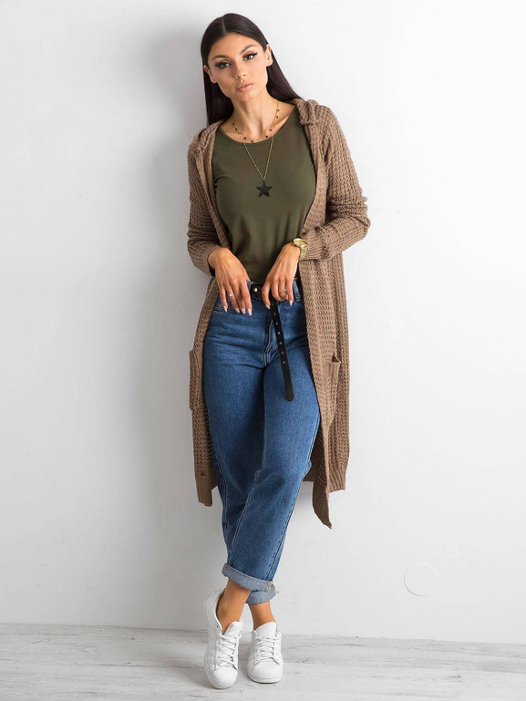 Kardigan cienki z kapturem brązowy