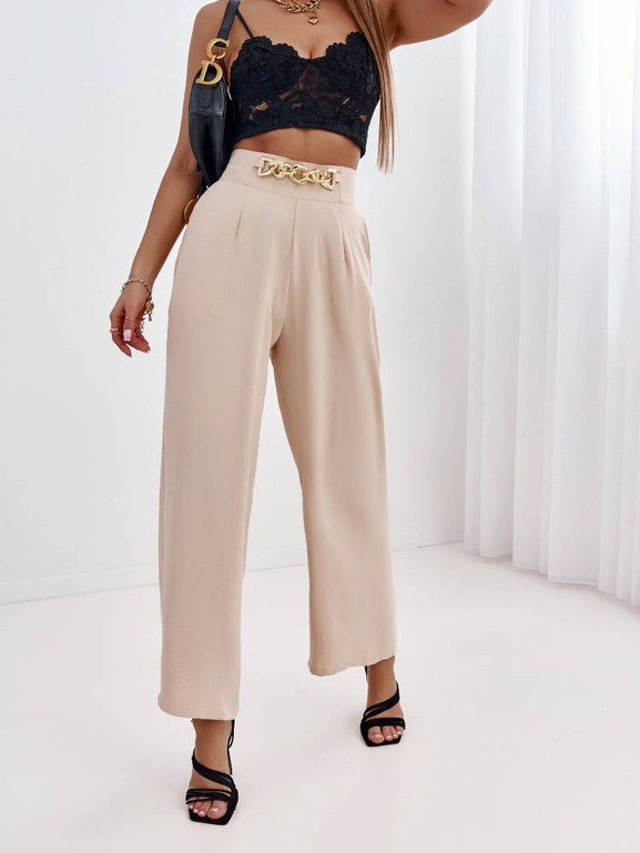 Beżowe spodnie rozszerzane zdobione Cocomore