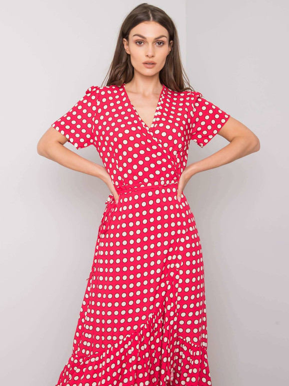 Czerwona sukienka maxi groszki kopertowy dekolt Yups