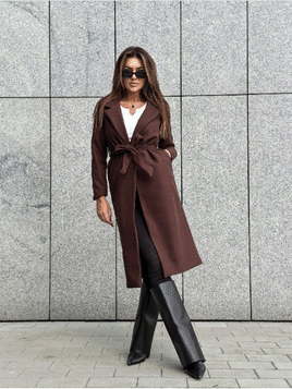 Czekoladowy klasyczny długi płaszcz wiązany Och Bella