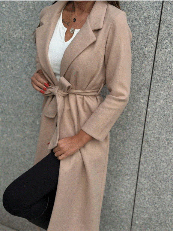 Beżowy klasyczny długi płaszcz wiązany Och Bella