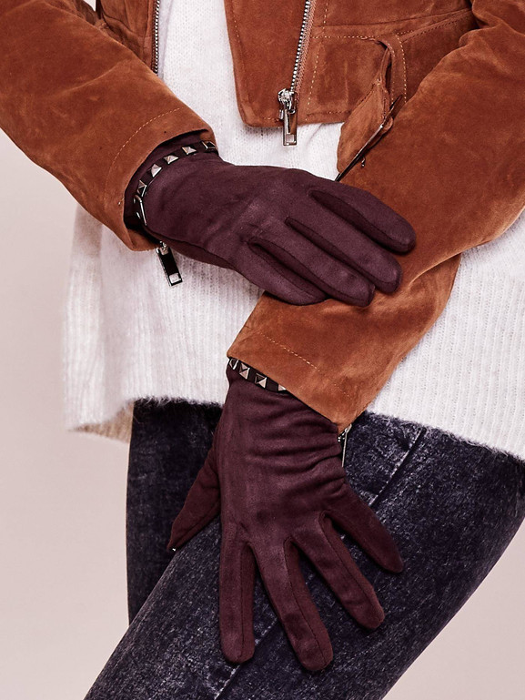 Rękawiczki dotykowe z ozdobnym paskiem brązowe