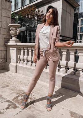 Brązowy żakiet z lampasami marszczone rękawy Cocomore