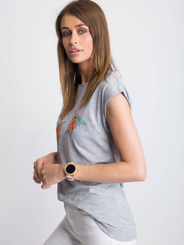 T-shirt zdobiony nadrukiem kwiatów szary