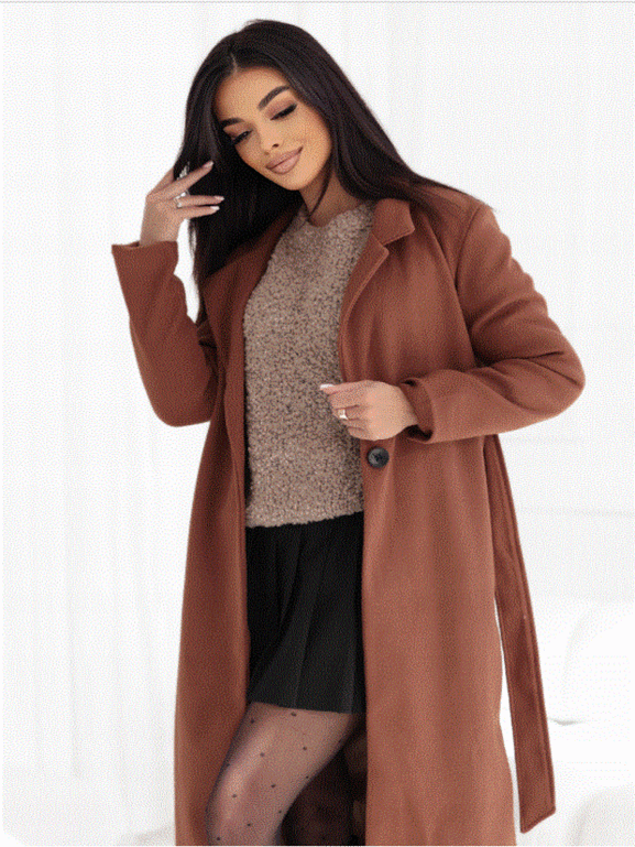 Karmelowy klasyczny długi płaszcz wiązany Och Bella