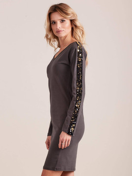 Sukienka zdobiona cekinami wzdłuż rękawów antracyt