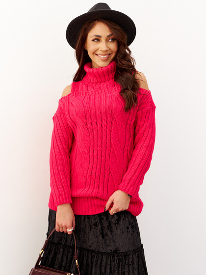 Amarantowy sweter z golfem cold shoulders By o la la