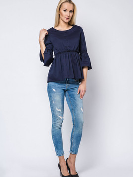 Bluzka z falbanką i sznurowanym dekoltem granatowa